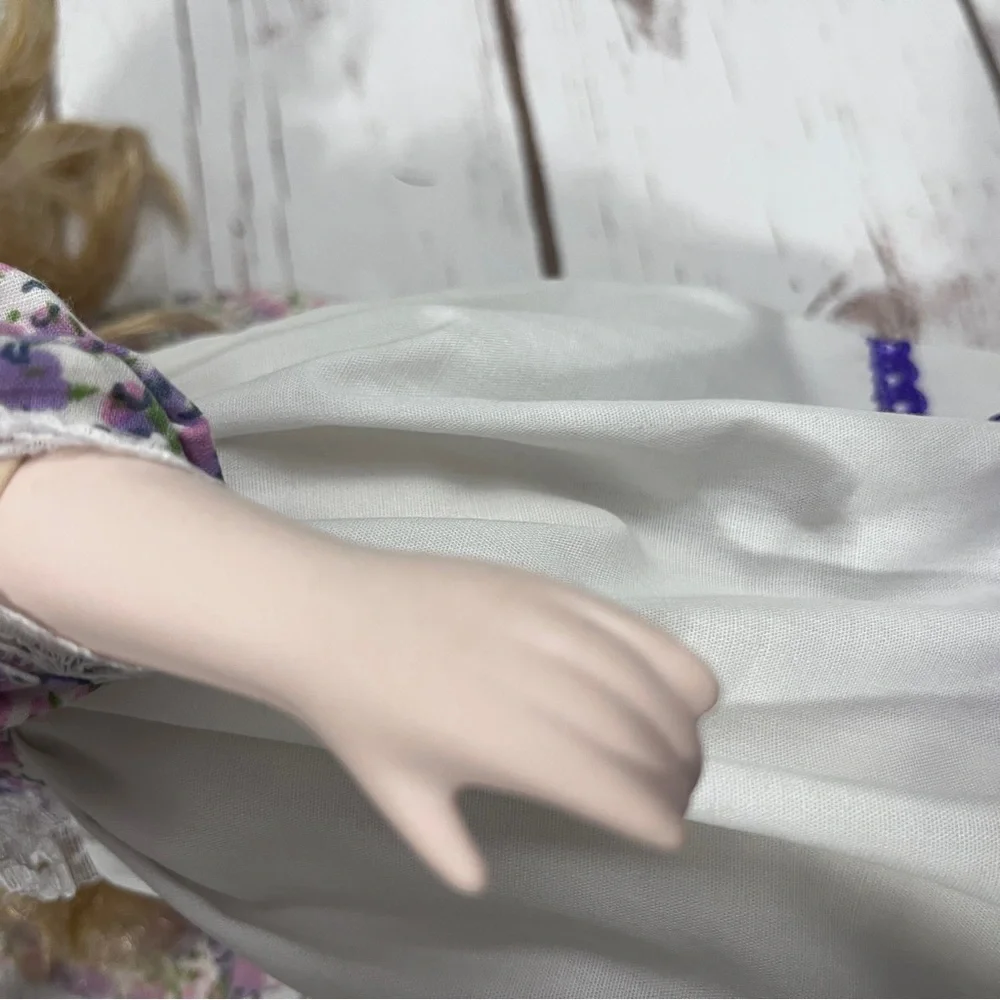 Porcelain Doll with purple floral dress and‎ Hat vintage